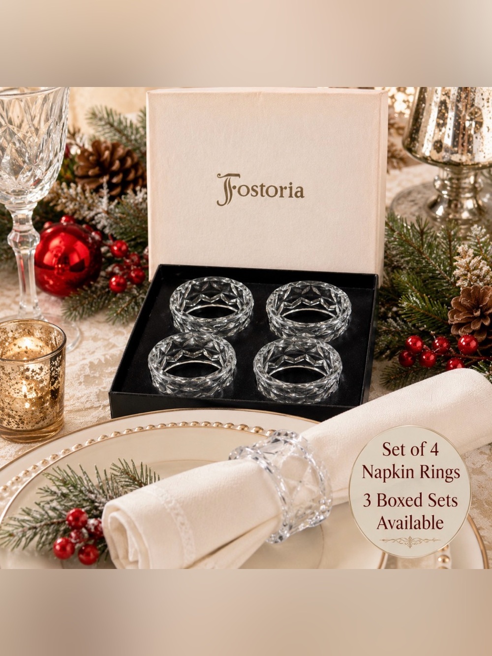 VINTAGE, FOSTORIA, SET OF 4, HEAVY LEAD CRYSTAL, NAPKIN RINGS. SPECIAL OCCASIONS